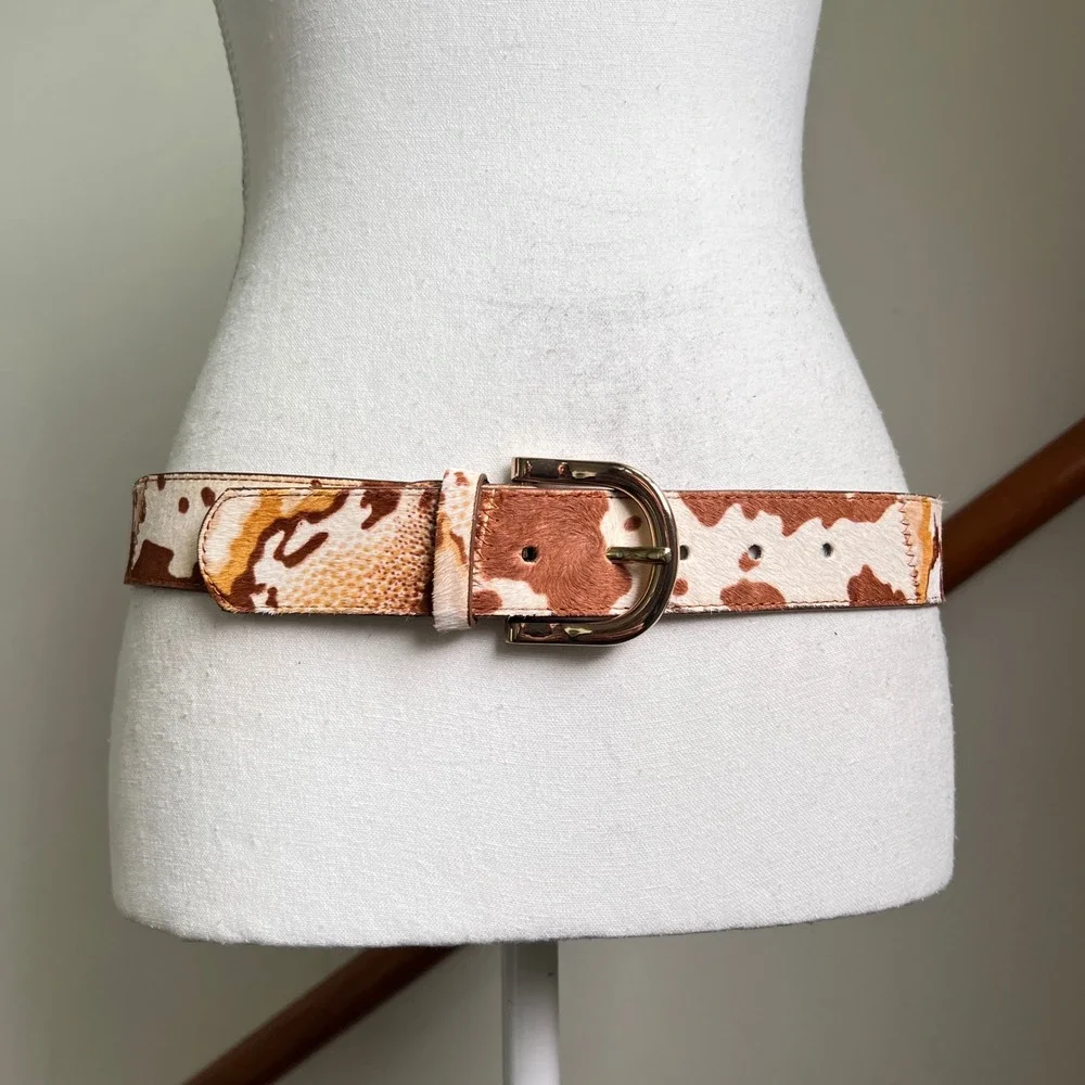 Vintage Cow Print Calf‎ Hair Belt Brown Gold White Patchwork Western Boho Rodeo